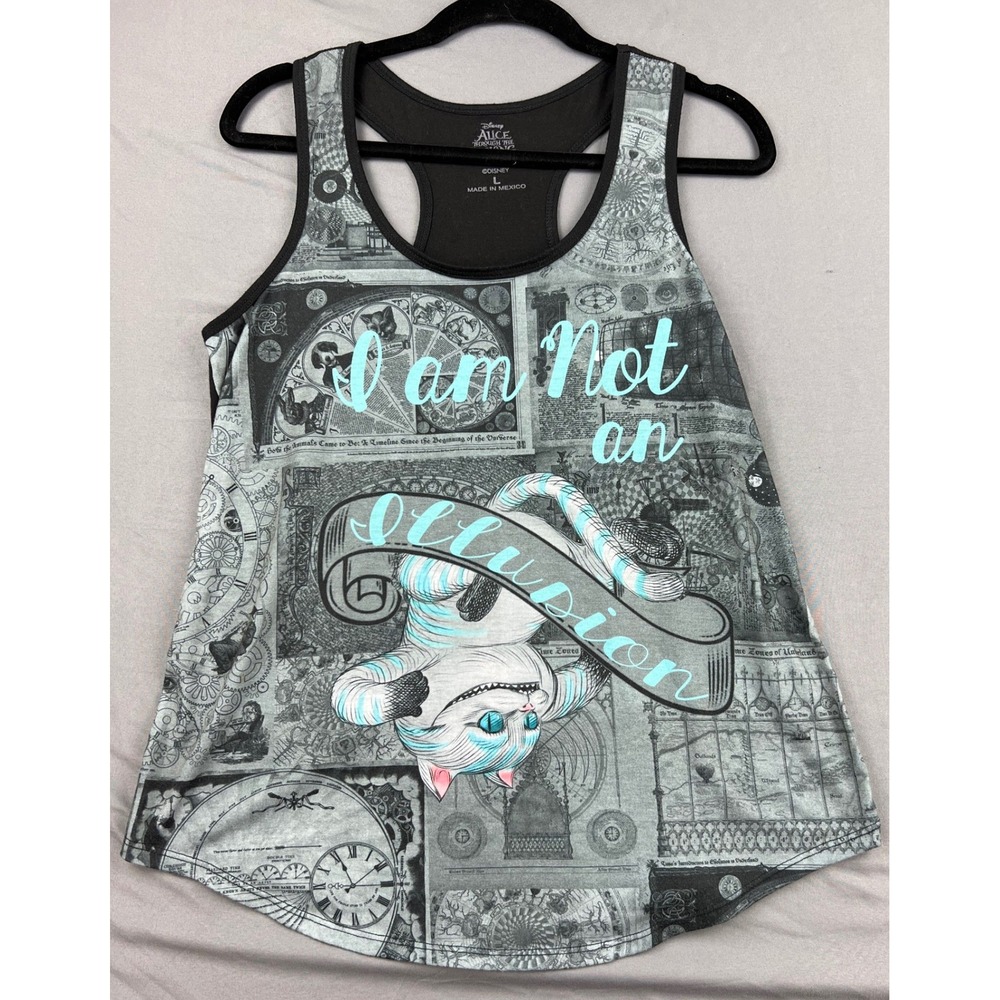 Disney Alice Through the Looking Glass Womens L Tank Top Cheshire Cat Grey Black